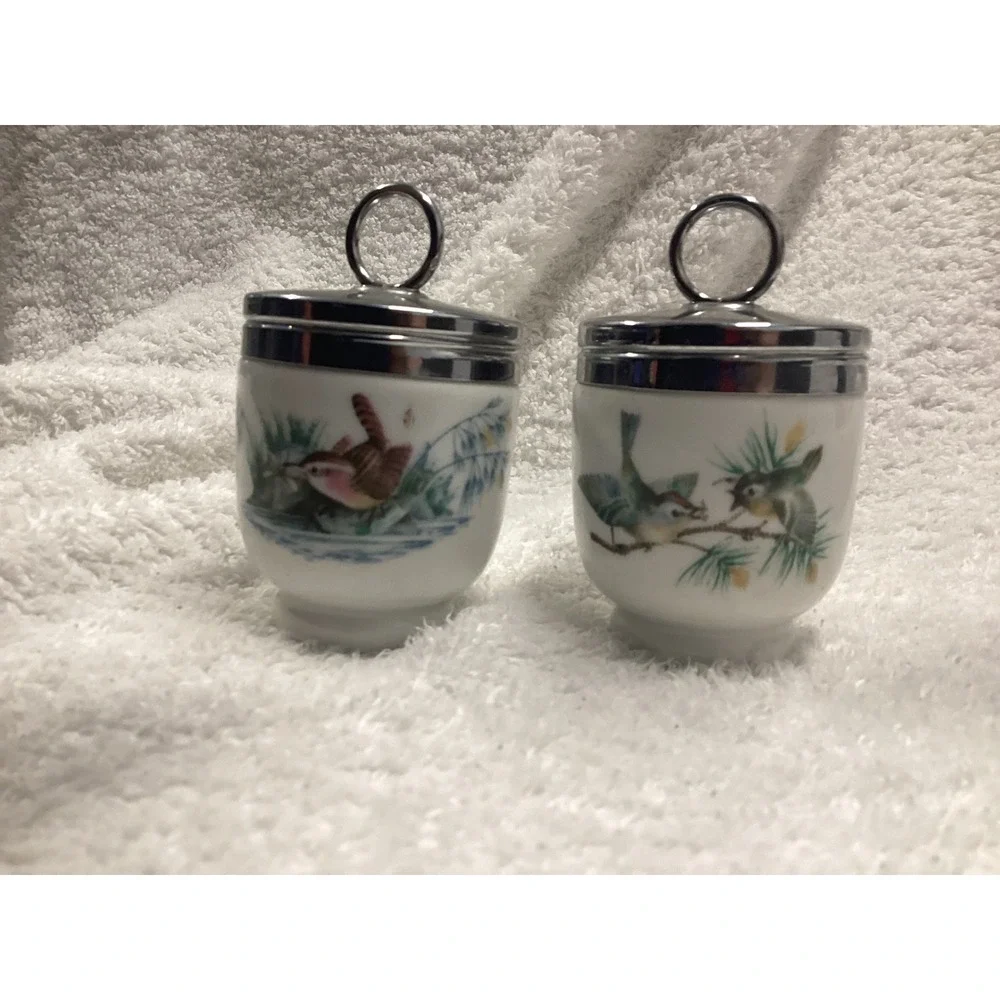 Vintage Ceramic Bird Egg Coddlers Set of 2 Chrome Lids Songbird Nature Design